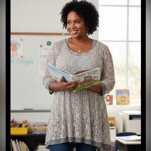 Ali Miles Women’s 2x Graphite Lace blouse tunic business Casual teacher mature